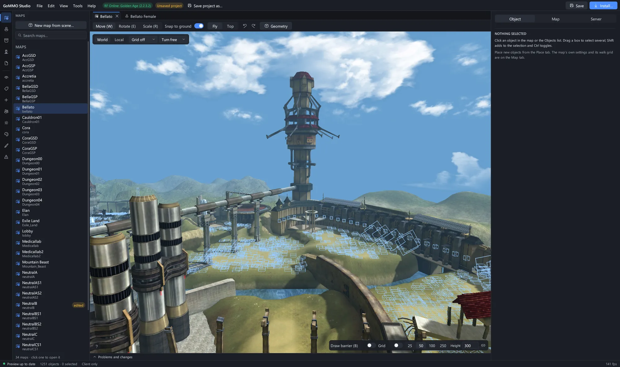 Bellato from RF Online: Golden Age as a map document: the Union's tower and refinery in the 3D view, every map of the client in the panel beside it.