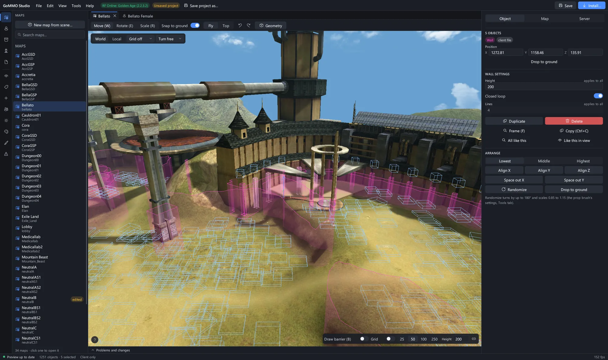 Five barrier walls selected under the tower, with their points, height and the arrange tools in the inspector.
