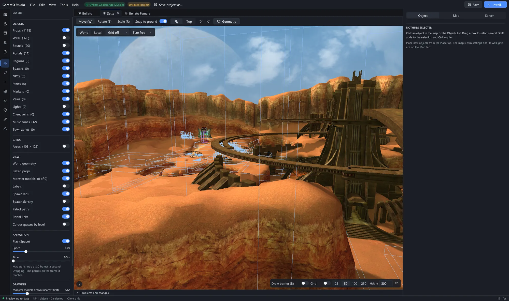 Sette with the Layers panel: show or hide props, walls, portals, regions, lights, veins and zones, and play the map's own animation.