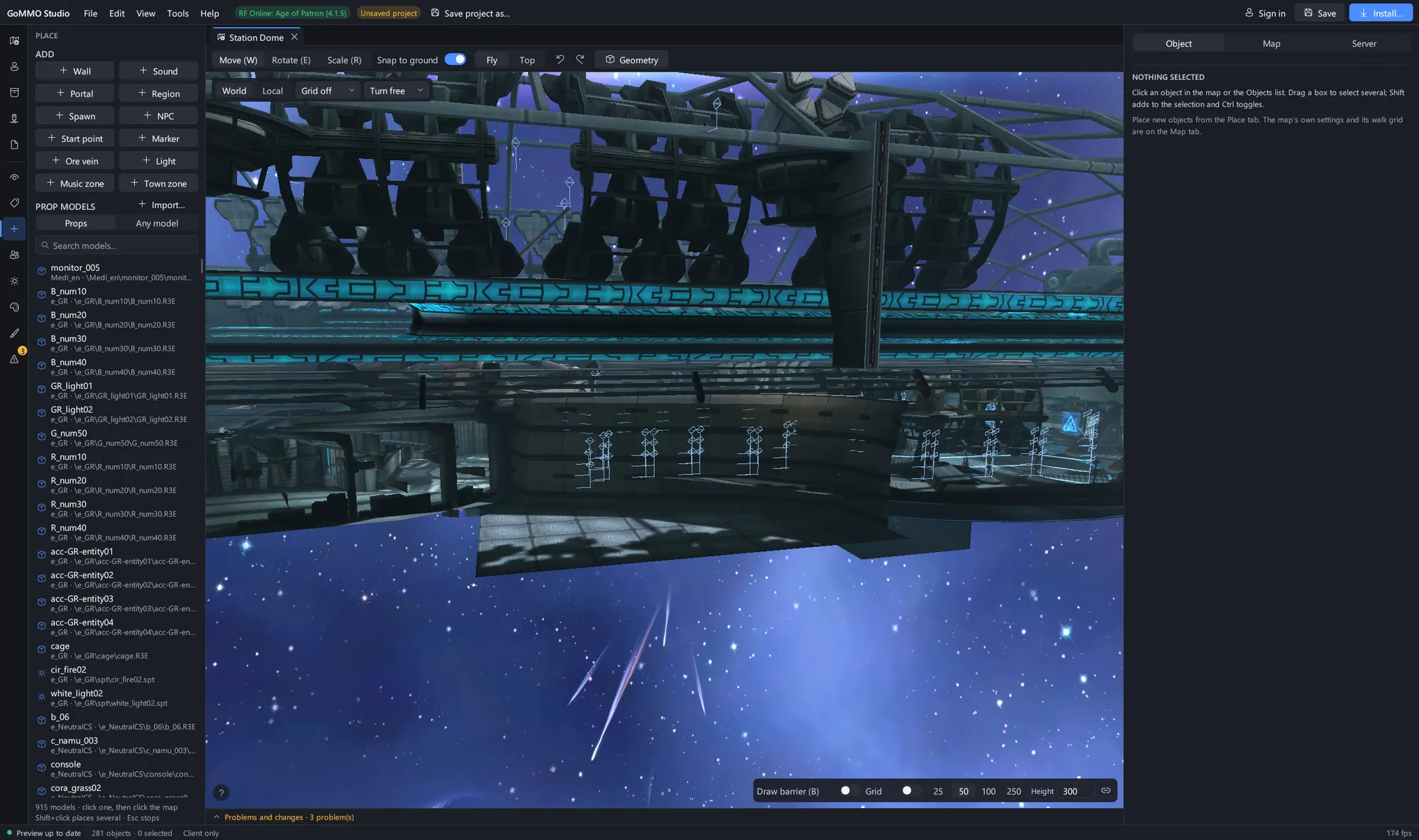 Station Dome from RF Online: Age of Patron with the Place panel open: add walls, portals, spawns, lights and zones, or plant any prop model.