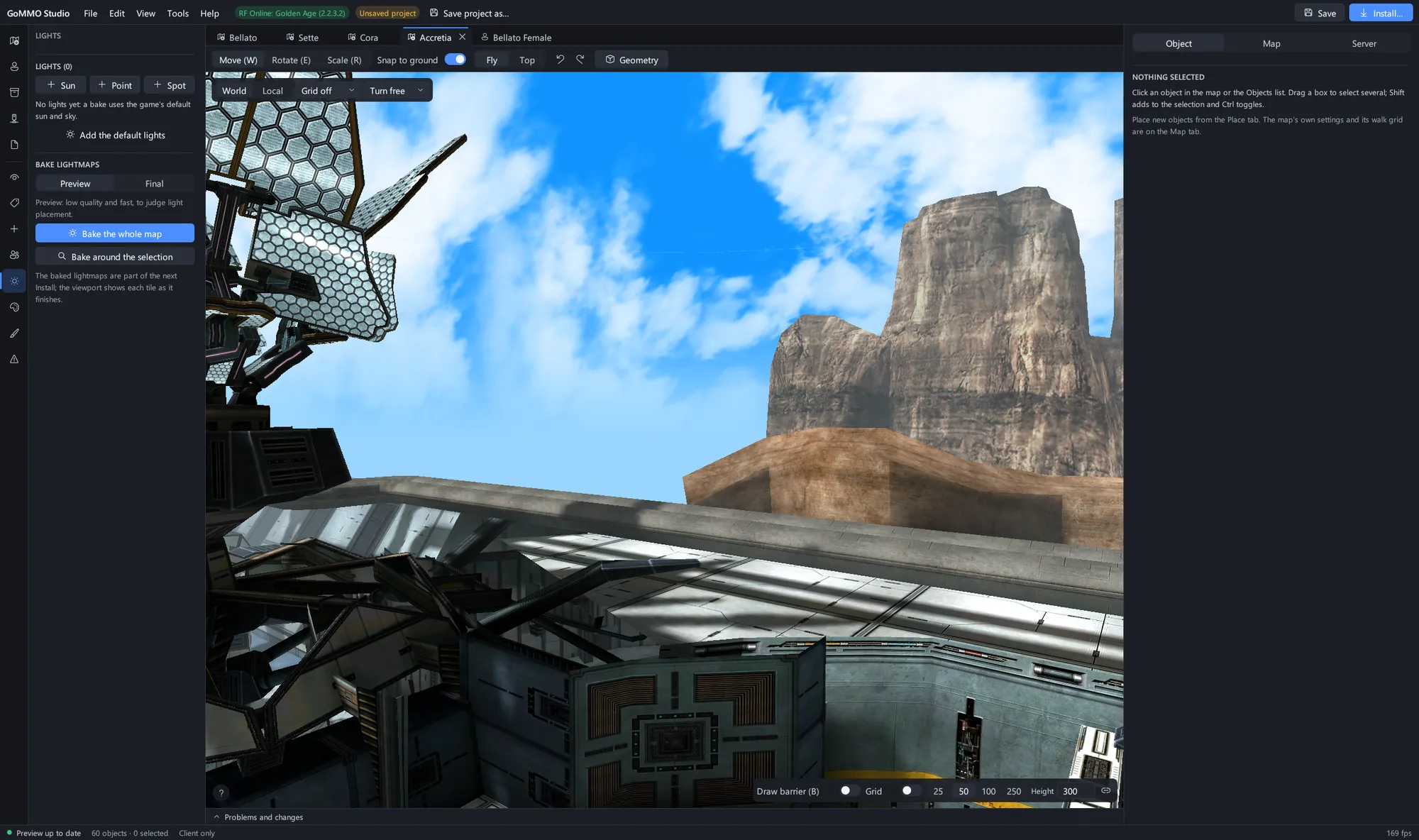 The Accretia base with the Lights panel, ready to bake lightmaps for the whole map or round a selection.