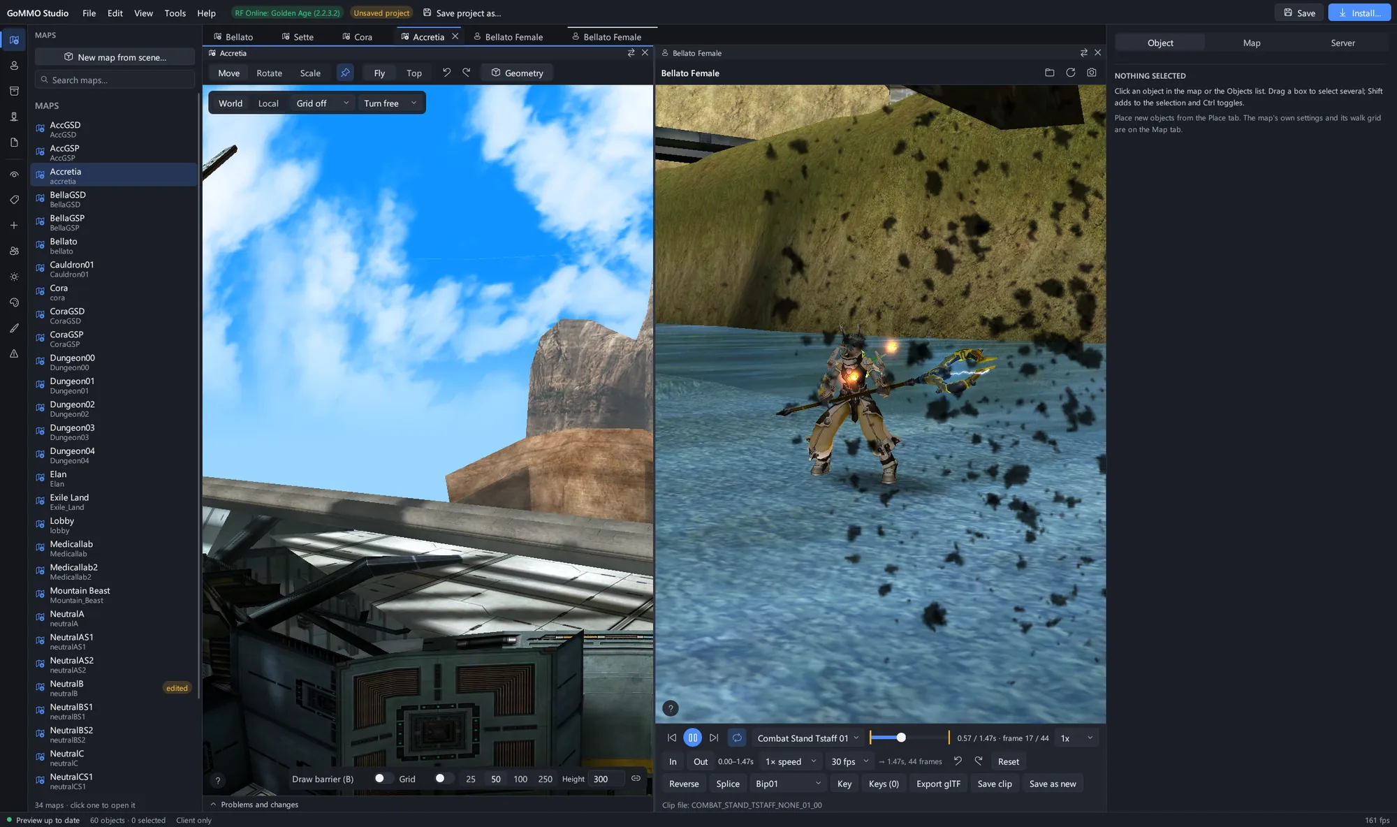 Split view: a map on the left and a model playing Meteor Swarm on the right, each with its own toolbar and camera.