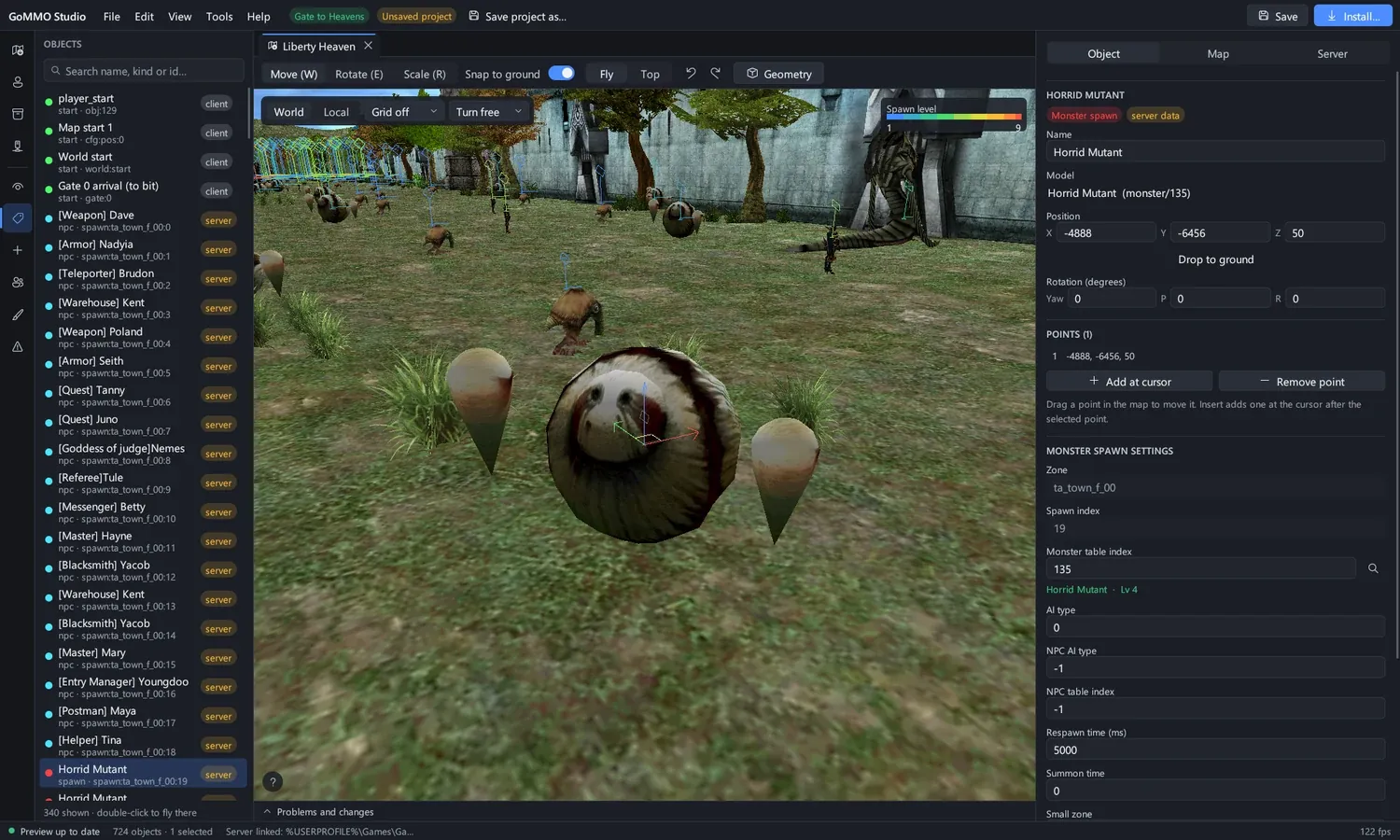 A monster spawn selected: the inspector shows the game's own spawn settings, with the monster picked by name.