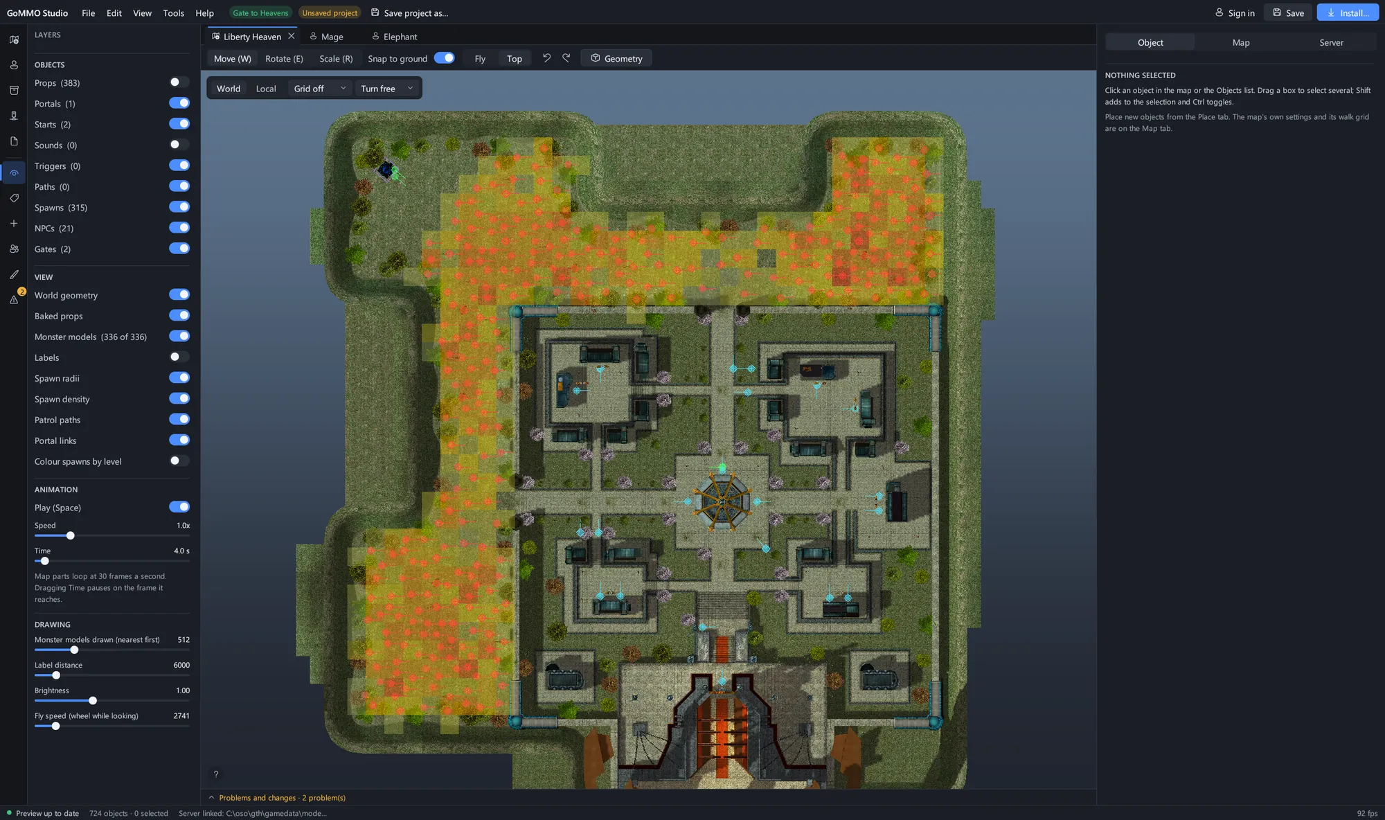 Liberty Heaven from above with spawn density, spawn radii and patrol paths on.