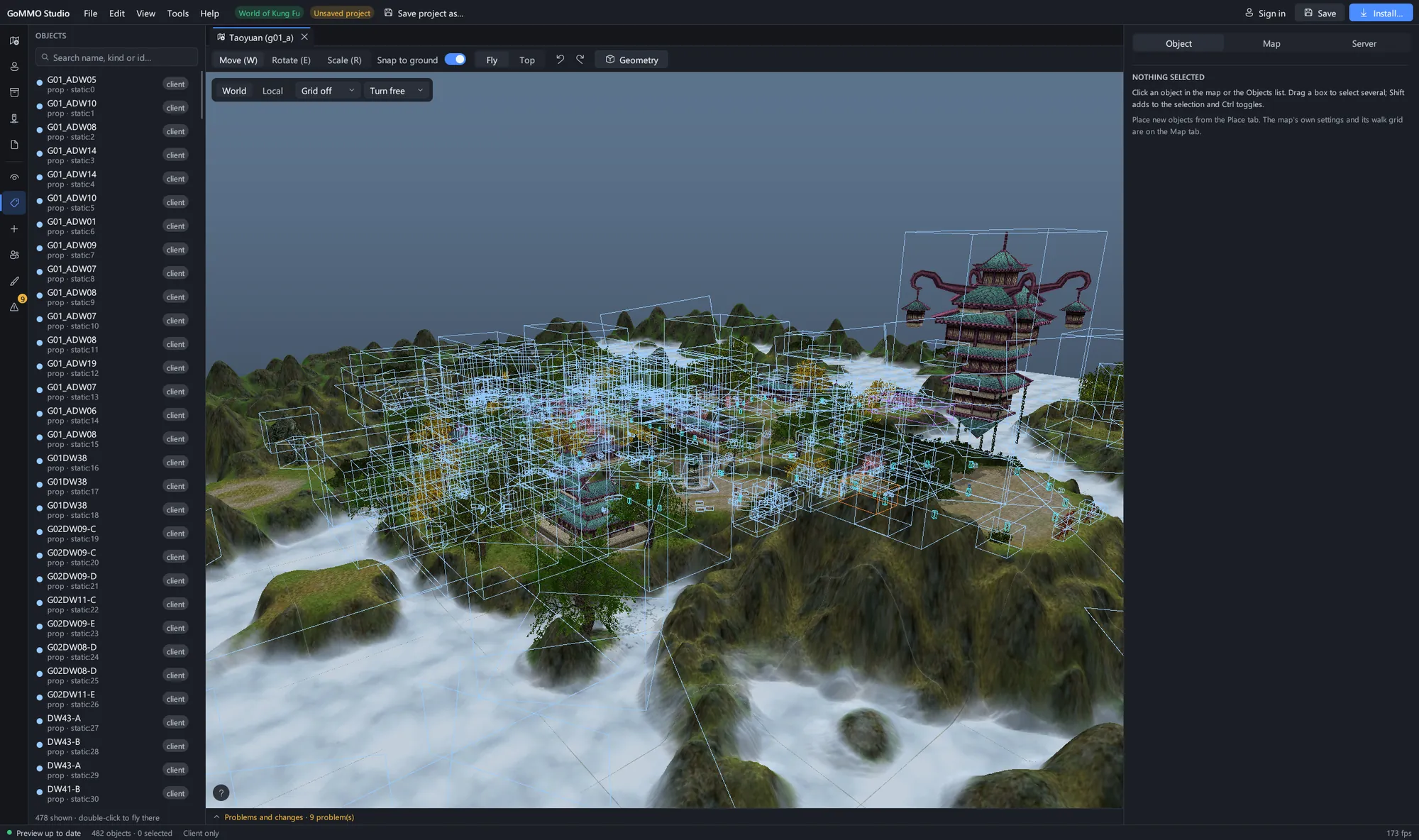 Taoyuan in World of Kung Fu: the floating village above the clouds, with its objects listed beside it.