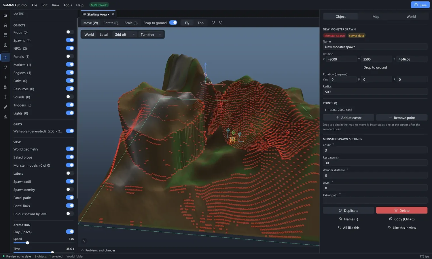 An MMO World map built from a heightmap, with its walkable area generated from the terrain.