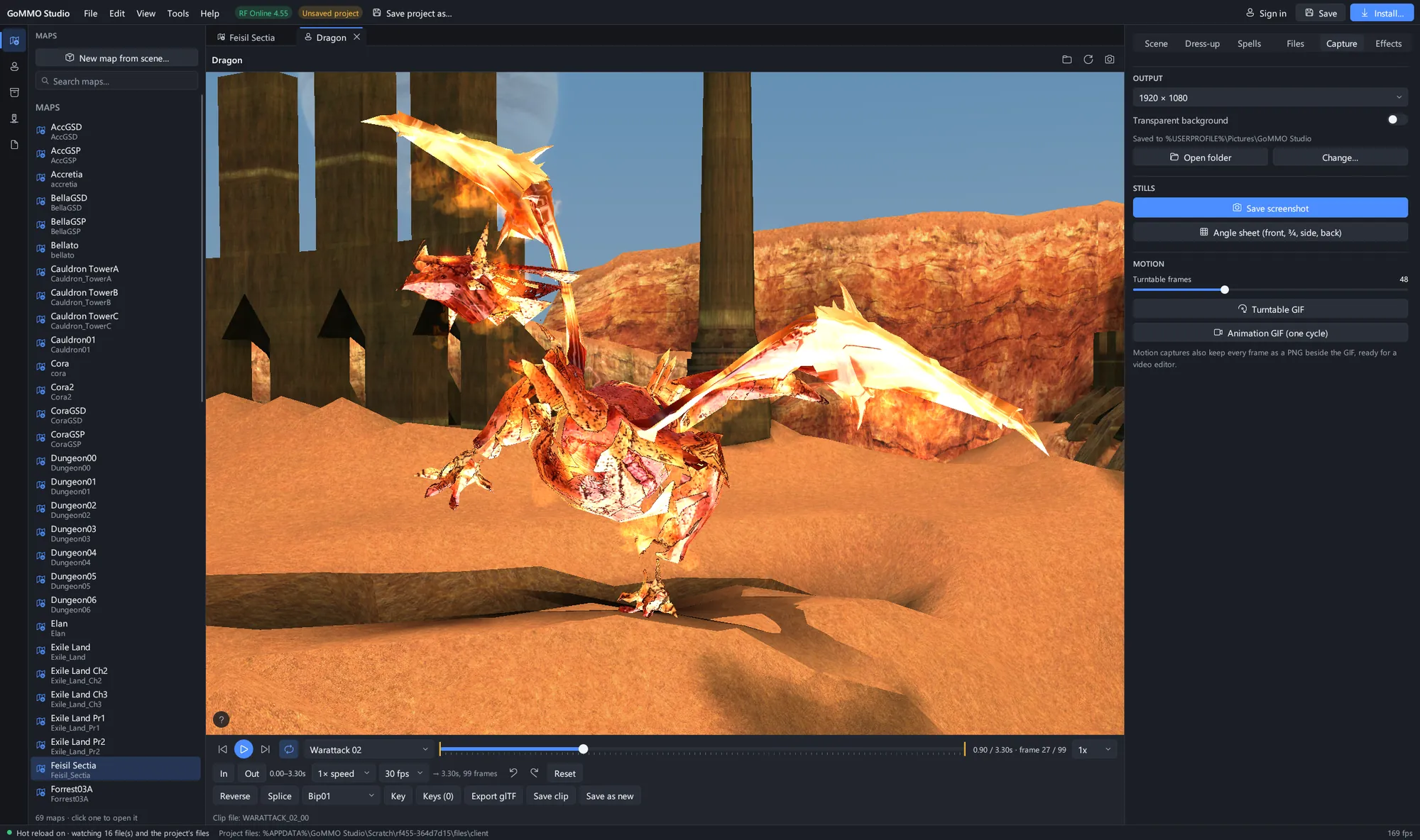 An RF Online 4.55 Dragon rearing in Sette, frozen mid-attack, with the Capture tab ready for a still, a four-view sheet or a turntable GIF.