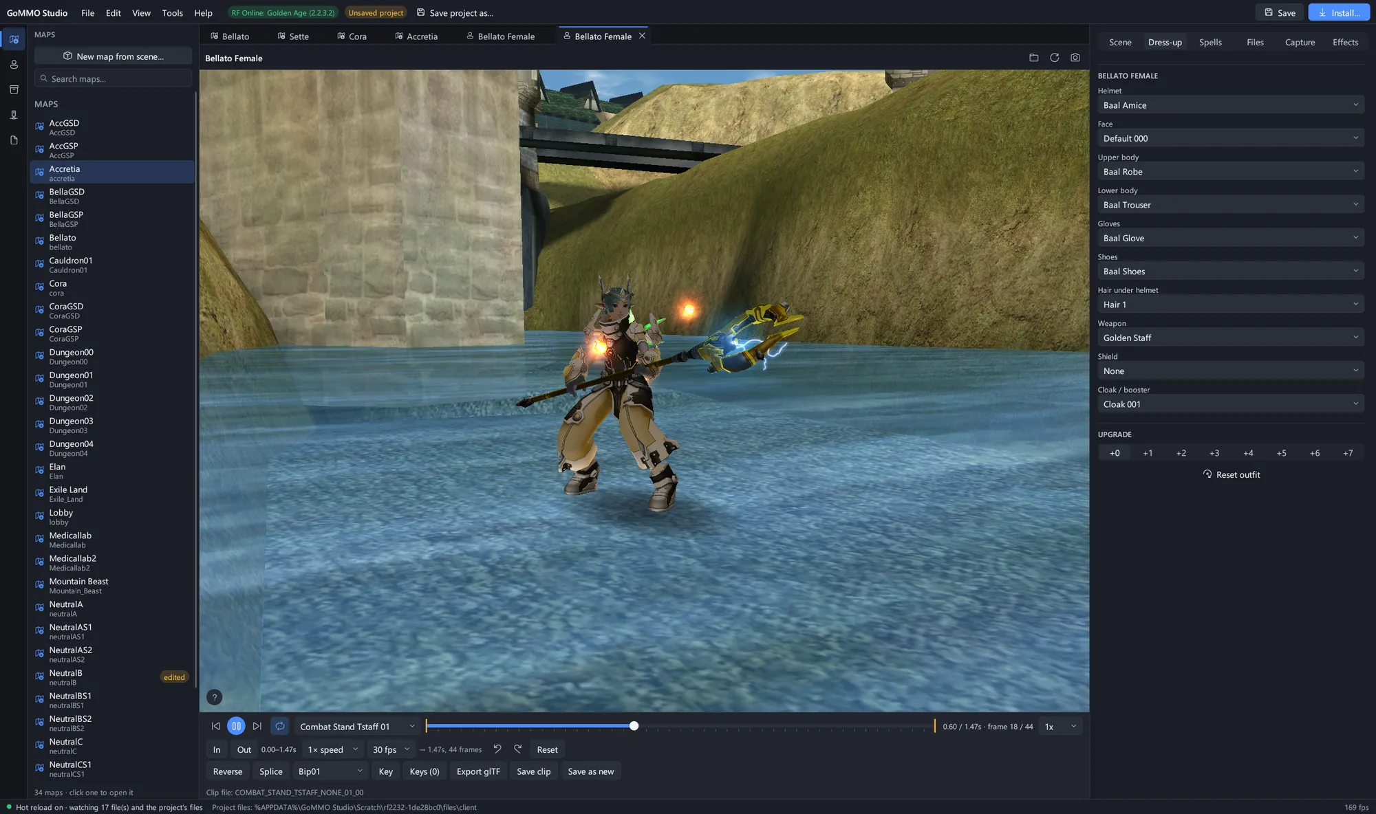 Dress-up on a Bellato: the Baal set, a Golden Staff and a cloak, picked by the names the game gives them, standing in Bellato.