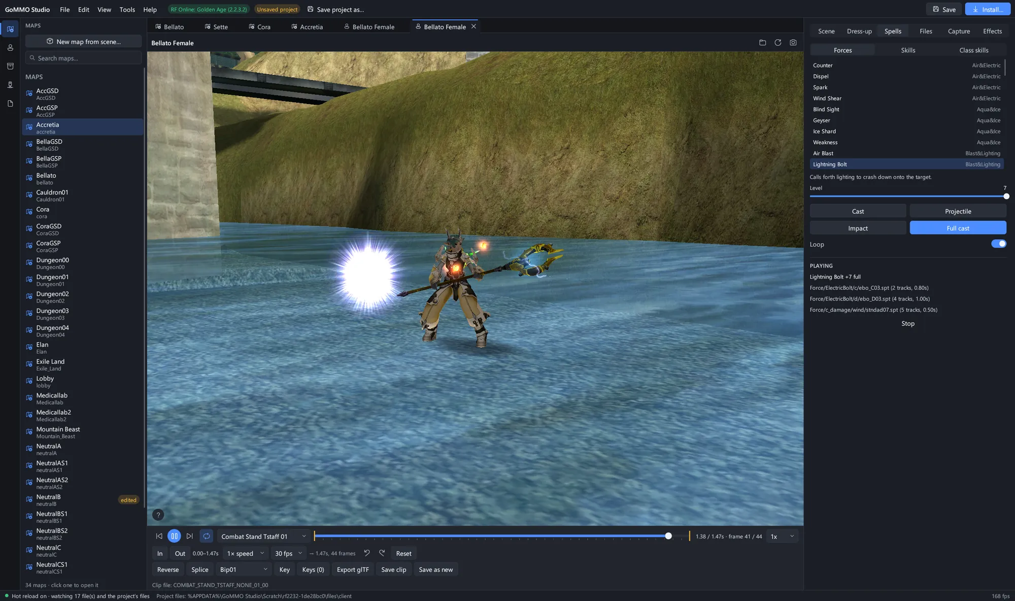 Lightning Bolt cast at level 7, played from the client's own effect scripts.