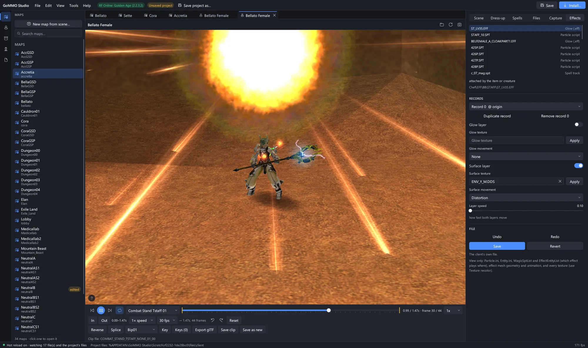Solar Blade at level 7 with the Effects tab open on its particle records: change a value and the effect plays it at once.