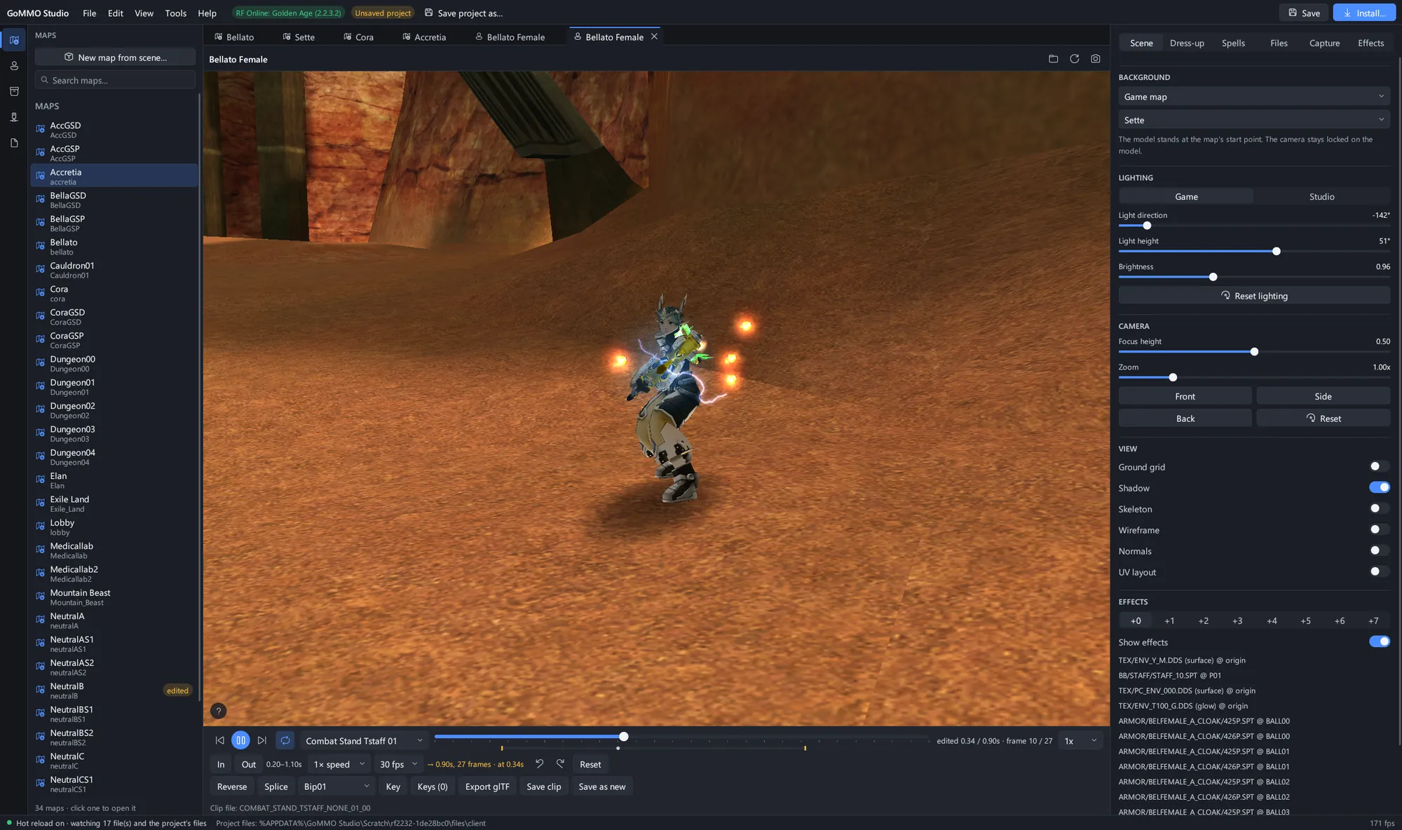 A combat stance trimmed in the clip editor: set the in and out points, change the speed, splice or key bones, and save it in the game's own format.