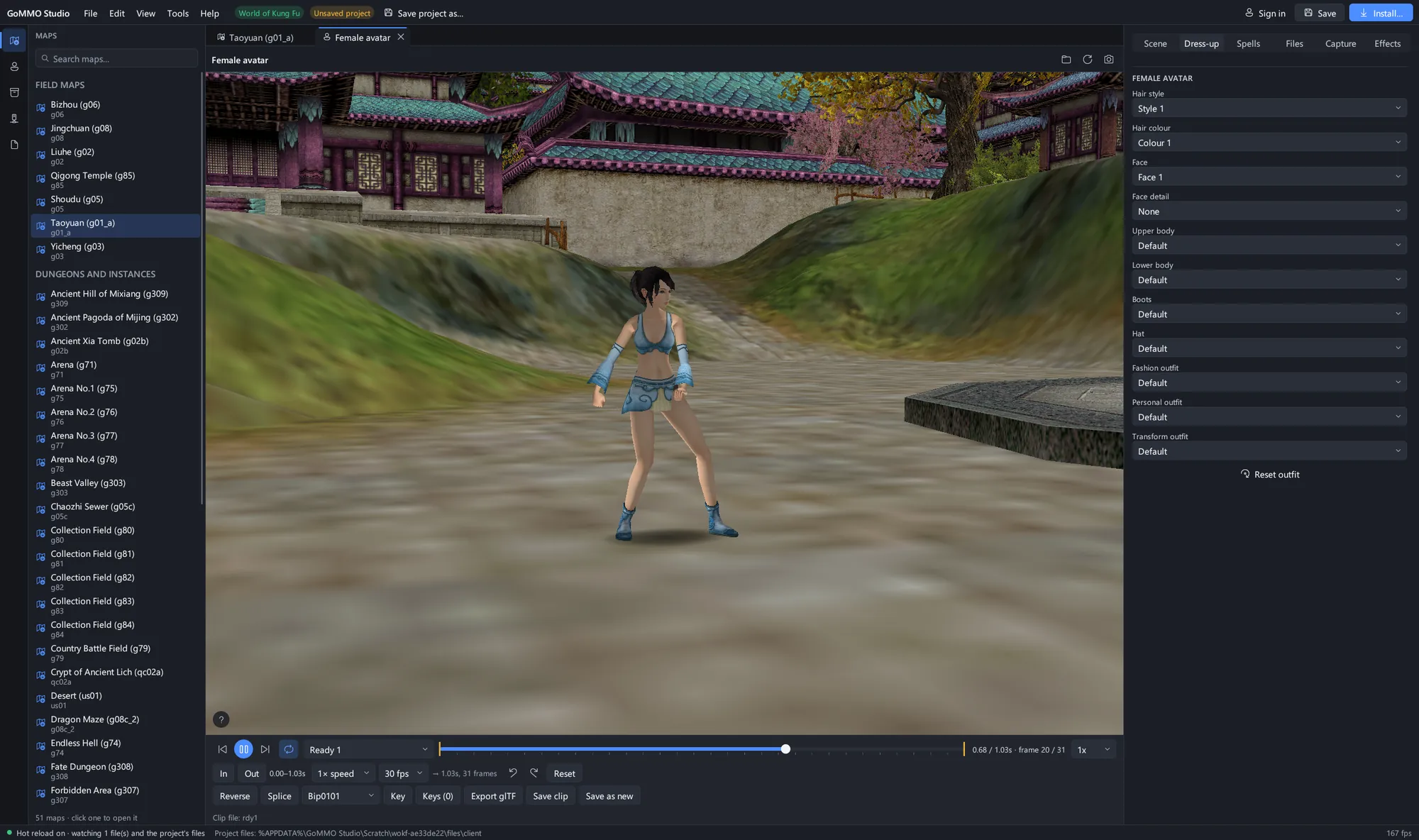 A World of Kung Fu avatar standing in Taoyuan, with the dress-up slots the game offers.
