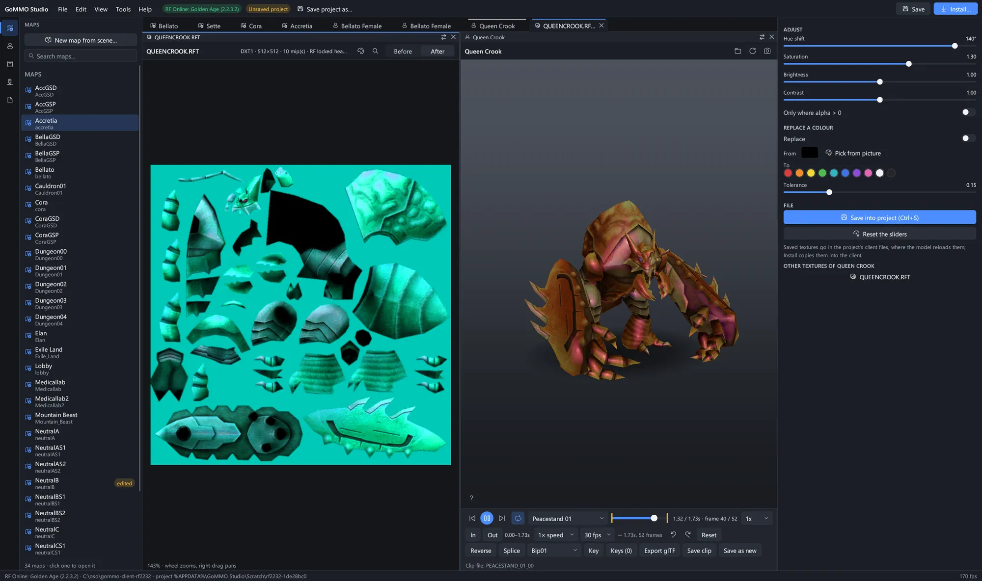 The texture recolour document beside its model: shift hue, saturation, brightness and contrast or swap a colour, then save it into the project and the model reloads.