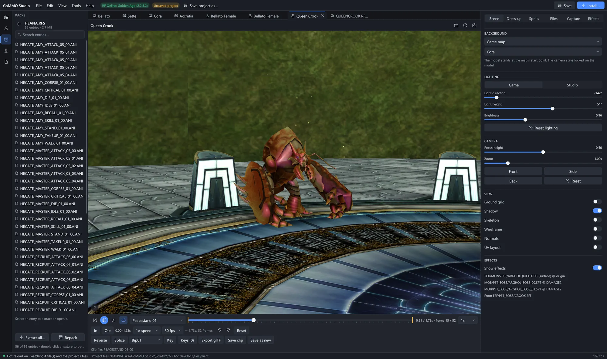 The Packs panel browsing an RF animation archive beside the model that uses it.