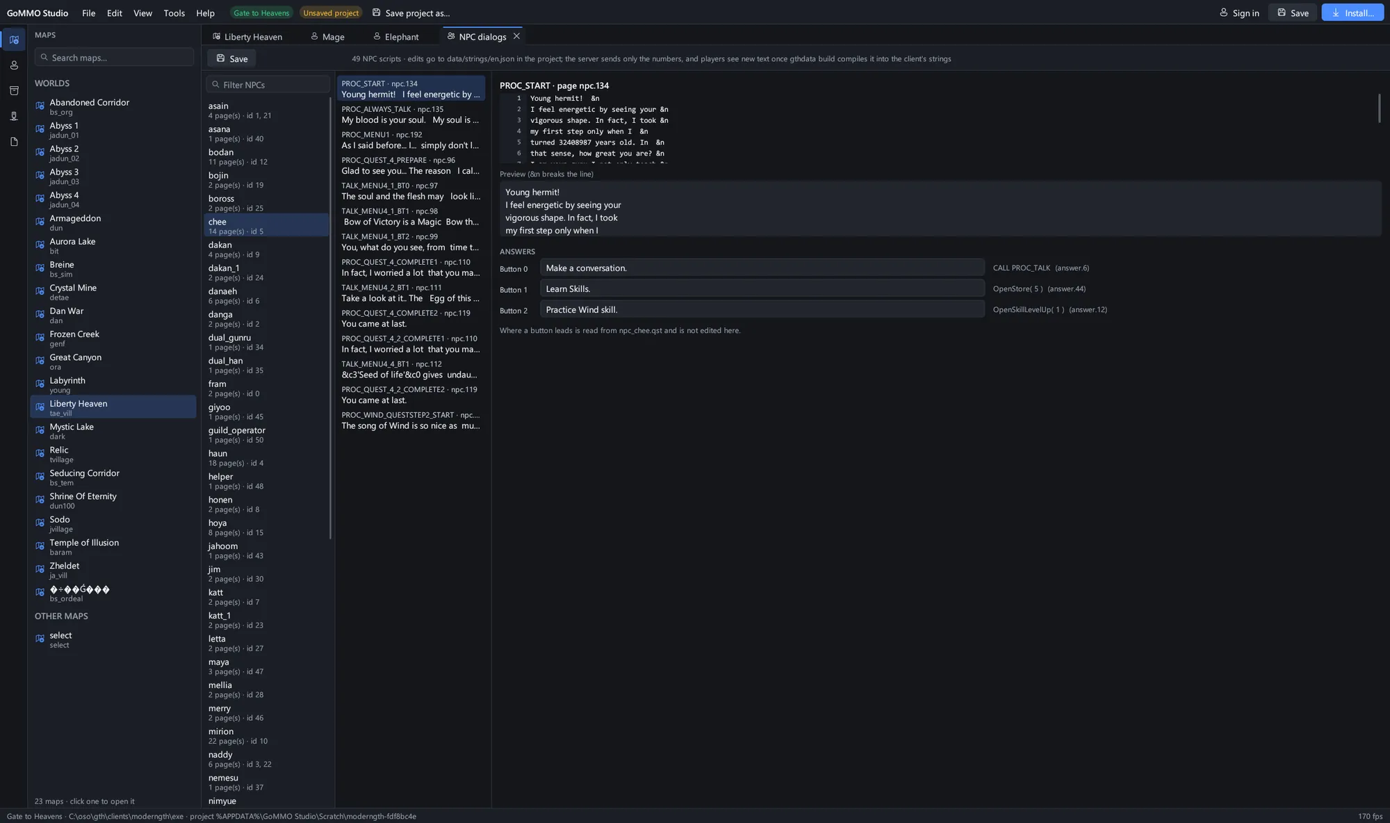 The NPC dialog editor for Gate to Heavens: every page and answer of an NPC's conversation, and where each answer leads.