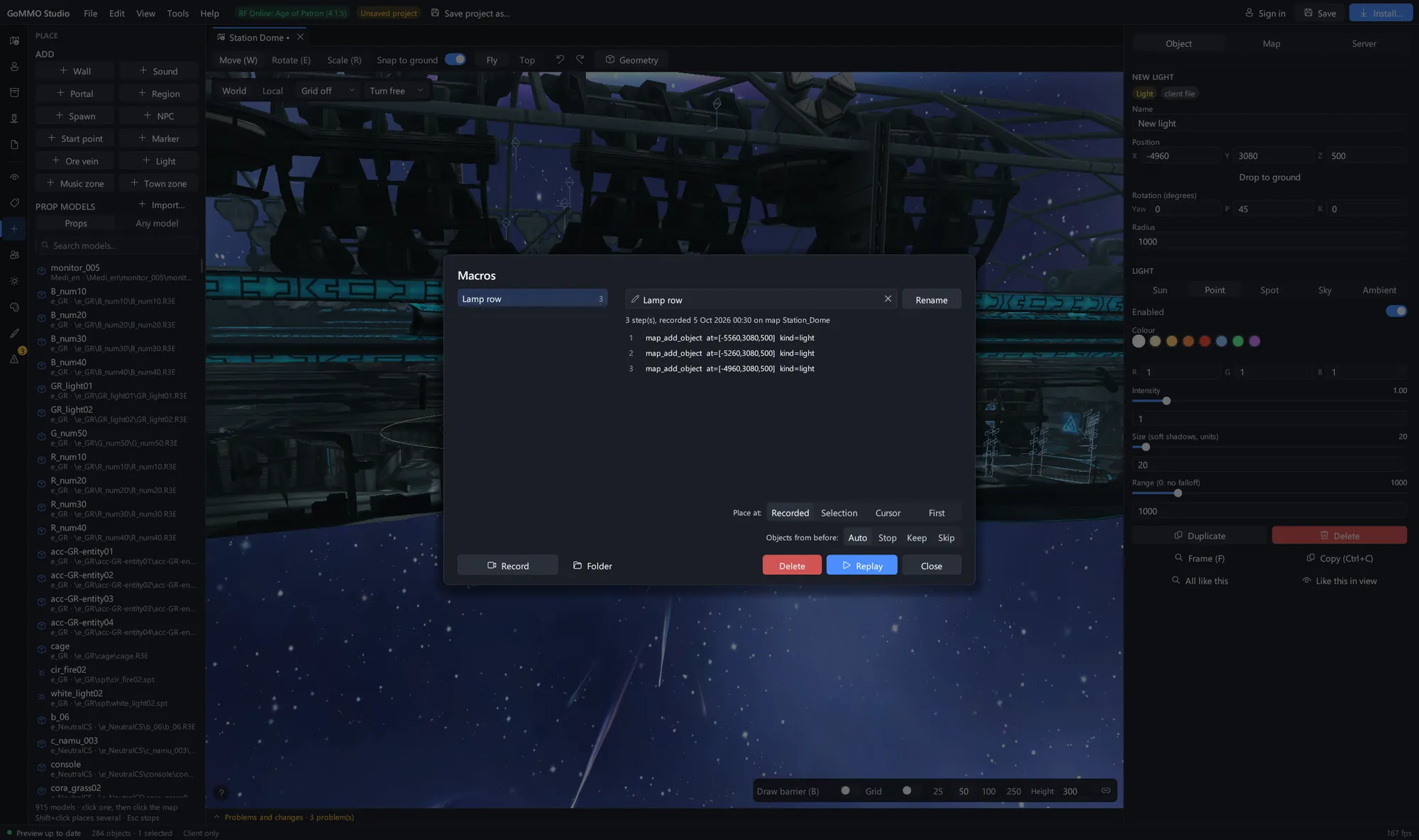 A macro recorded from map edits, ready to replay at its recorded place, the selection or the cursor.