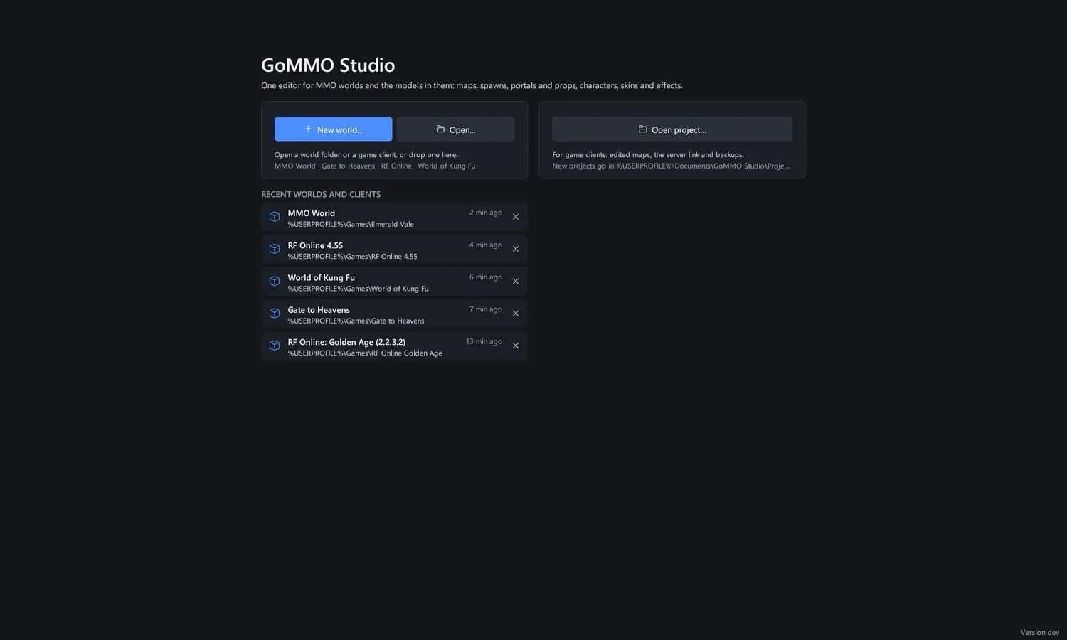 The start screen: open a game client, an MMO World or a project, or start a new world.
